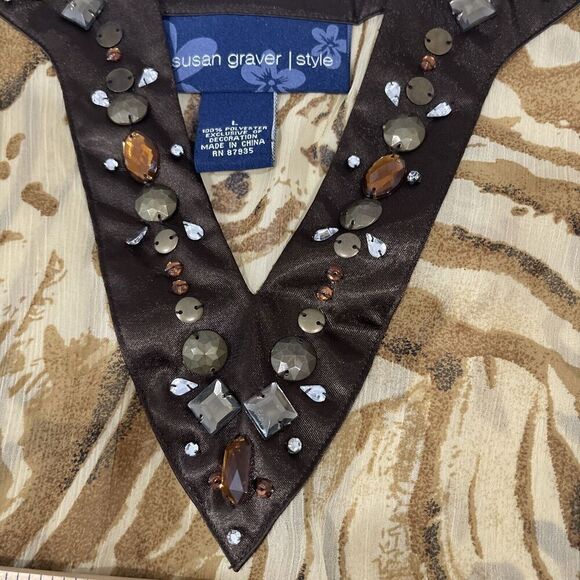 Susan Graver Large Blouse Sheer Tunic Brown Beaded Holiday Event Festive Travel - Picture 9 of 13